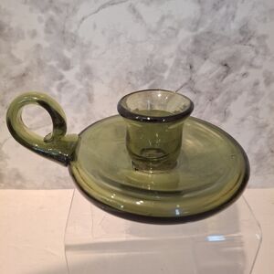 Vtg Glass Candlestick Holder Green Hand Blown Primitive Rustic Pontil Mark USA